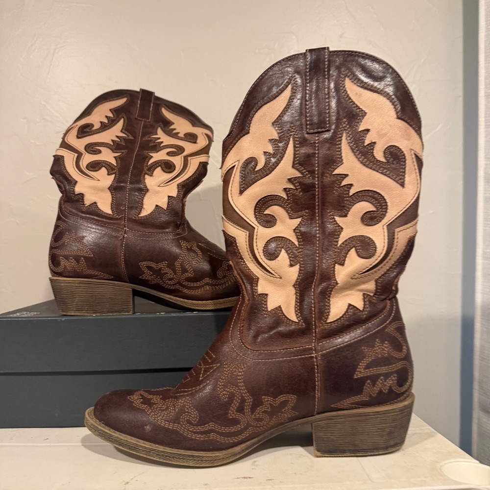 Stampede 2 Cowboy Boots Womens 8 Brown Cream Inlay Western Stitched Good